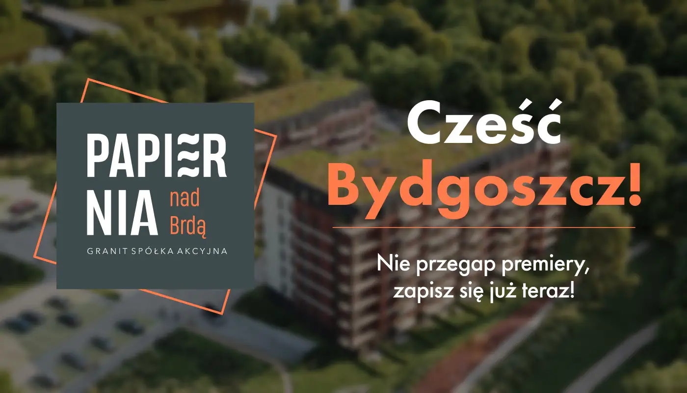 Baner firmy Papiernia Bydgoszcz z hasłem „Cześć Bydgoszcz!”, adresem ul. Siedlecka 4 i danymi kontaktowymi